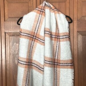SUPER SOFT PLAID SCARF~ORANGE, PINK& OFF WHITE WITH FRINGE TRIM